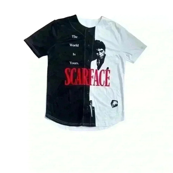 Scarface Jersey NWT Medium Coloblock Tony Montana The World Is Yours Button Up - Picture 1 of 5